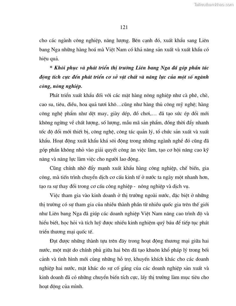 Luận án tiến sĩ quốc tế Quá trình phát triển quan hệ thương mại giữa Việt Nam và Liên Bang Nga trong bối cảnh hội nhập kinh tế quốc tế - 21 Trang 121