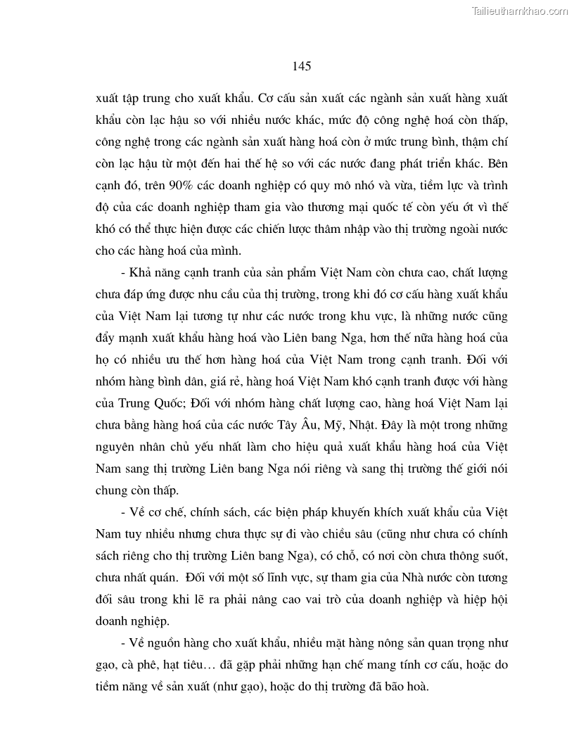 Luận án tiến sĩ quốc tế Quá trình phát triển quan hệ thương mại giữa Việt Nam và Liên Bang Nga trong bối cảnh hội nhập kinh tế quốc tế - 25 Trang 145