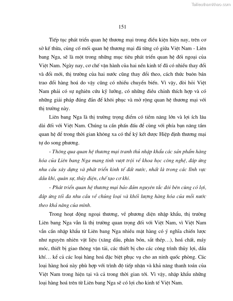 Luận án tiến sĩ quốc tế Quá trình phát triển quan hệ thương mại giữa Việt Nam và Liên Bang Nga trong bối cảnh hội nhập kinh tế quốc tế - 26 Trang 151