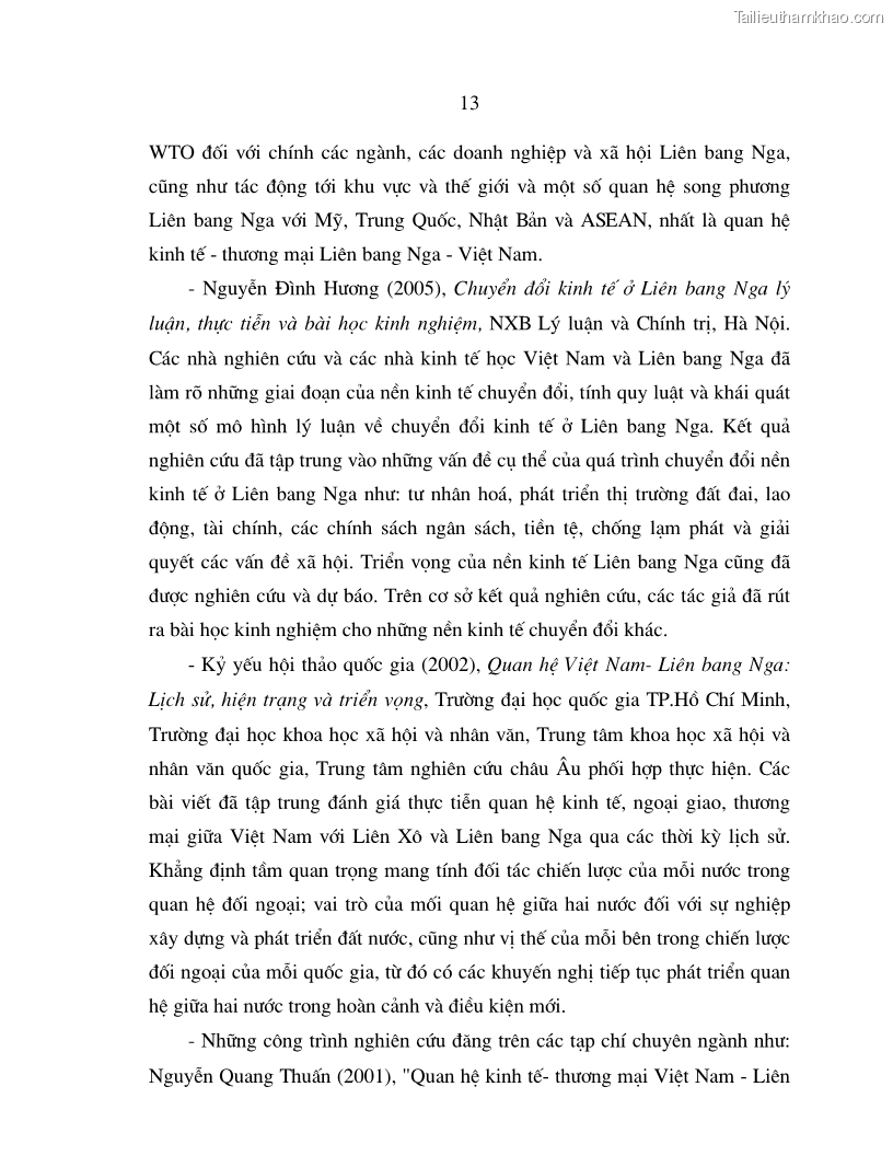 Luận án tiến sĩ quốc tế Quá trình phát triển quan hệ thương mại giữa Việt Nam và Liên Bang Nga trong bối cảnh hội nhập kinh tế quốc tế - 3 Trang 13