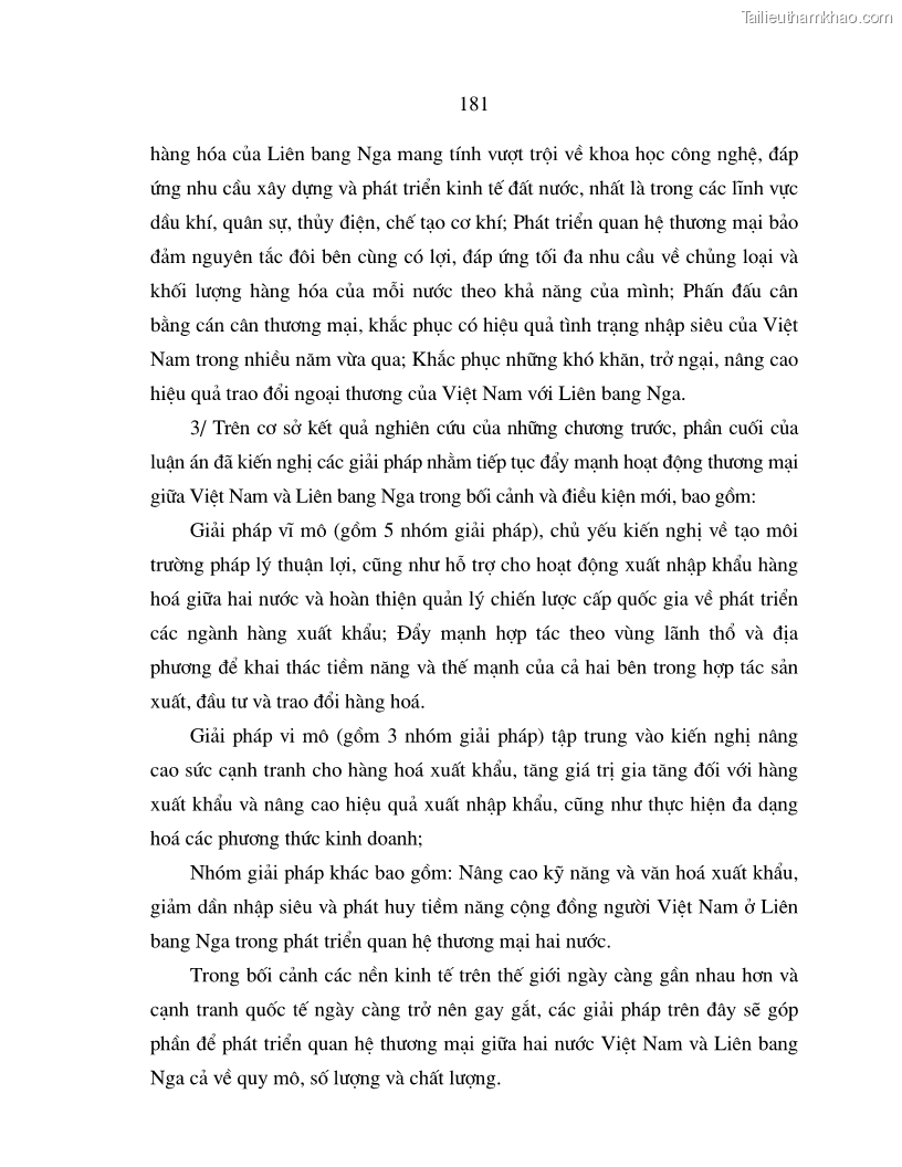 Luận án tiến sĩ quốc tế Quá trình phát triển quan hệ thương mại giữa Việt Nam và Liên Bang Nga trong bối cảnh hội nhập kinh tế quốc tế - 31 Trang 181