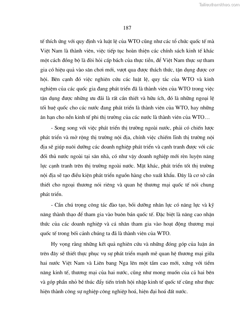 Luận án tiến sĩ quốc tế Quá trình phát triển quan hệ thương mại giữa Việt Nam và Liên Bang Nga trong bối cảnh hội nhập kinh tế quốc tế - 32 Trang 187