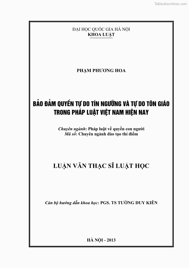 Luận văn thạc sĩ luật học Bảo đảm quyền tự do tín ngưỡng và tự do tôn giáo trong pháp luật Việt Nam hiện nay - 1 Trang 1