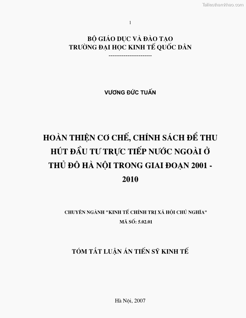 Luận án tiến sĩ kinh tế Hoàn thiện cơ chế, chính sách thu hút đầu tư trực tiếp nước ngoài ở thủ đô Hà Nội trong giai đoạn 2001- 2010 - 1 Trang 1