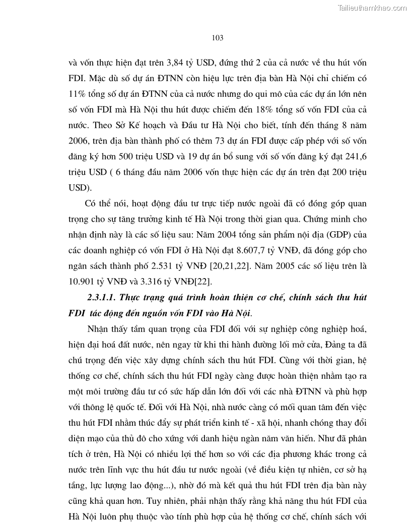 Luận án tiến sĩ kinh tế Hoàn thiện cơ chế, chính sách thu hút đầu tư trực tiếp nước ngoài ở thủ đô Hà Nội trong giai đoạn 2001- 2010 - 18 Trang 103
