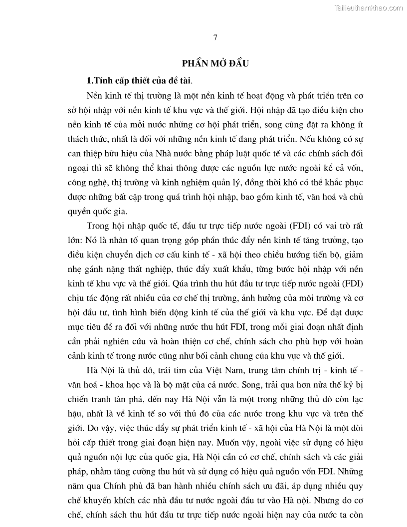 Luận án tiến sĩ kinh tế Hoàn thiện cơ chế, chính sách thu hút đầu tư trực tiếp nước ngoài ở thủ đô Hà Nội trong giai đoạn 2001- 2010 - 2 Trang 7