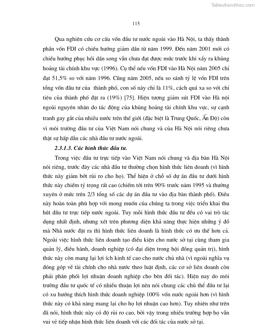 Luận án tiến sĩ kinh tế Hoàn thiện cơ chế, chính sách thu hút đầu tư trực tiếp nước ngoài ở thủ đô Hà Nội trong giai đoạn 2001- 2010 - 20 Trang 115
