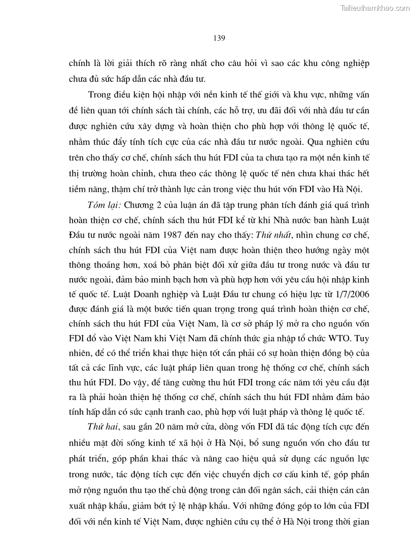 Luận án tiến sĩ kinh tế Hoàn thiện cơ chế, chính sách thu hút đầu tư trực tiếp nước ngoài ở thủ đô Hà Nội trong giai đoạn 2001- 2010 - 24 Trang 139