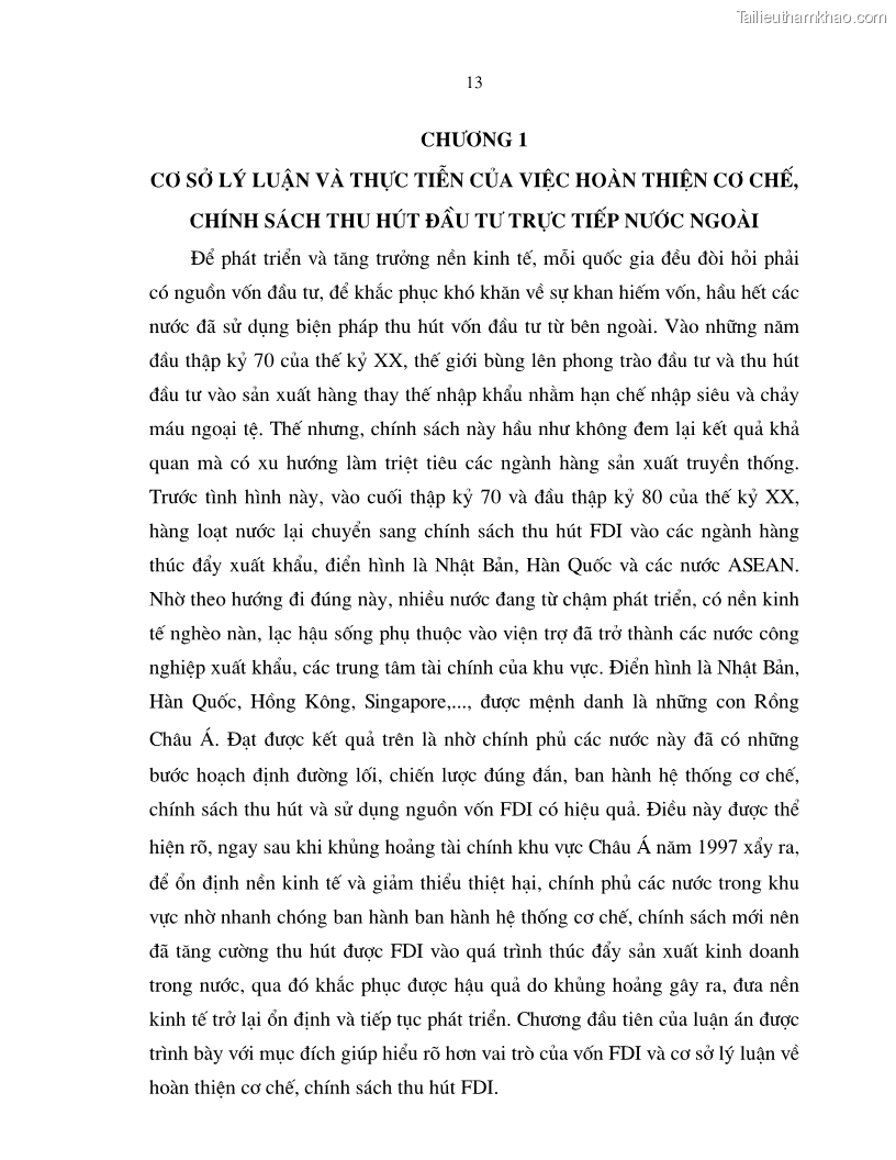 Luận án tiến sĩ kinh tế Hoàn thiện cơ chế, chính sách thu hút đầu tư trực tiếp nước ngoài ở thủ đô Hà Nội trong giai đoạn 2001- 2010 - 3 Trang 13