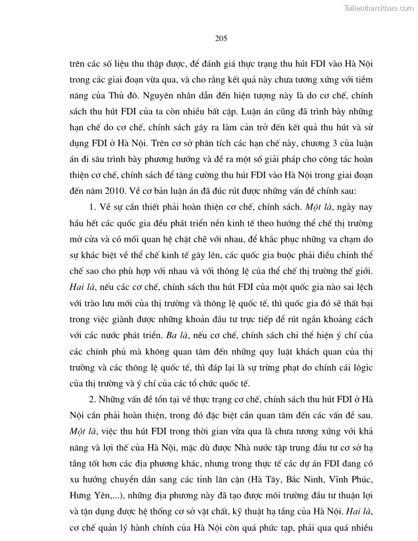 Luận án tiến sĩ kinh tế Hoàn thiện cơ chế, chính sách thu hút đầu tư trực tiếp nước ngoài ở thủ đô Hà Nội trong giai đoạn 2001- 2010 - 35 Trang 205
