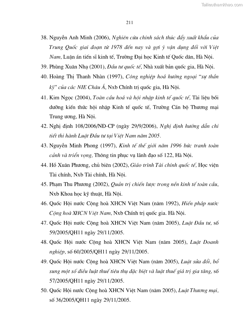 Luận án tiến sĩ kinh tế Hoàn thiện cơ chế, chính sách thu hút đầu tư trực tiếp nước ngoài ở thủ đô Hà Nội trong giai đoạn 2001- 2010 - 36 Trang 211