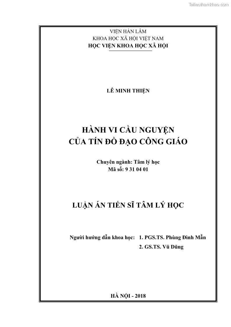 Luận án tiến sĩ tâm lý học Hành vi cầu nguyện của tín đồ đạo Công giáo - 1 Trang 1