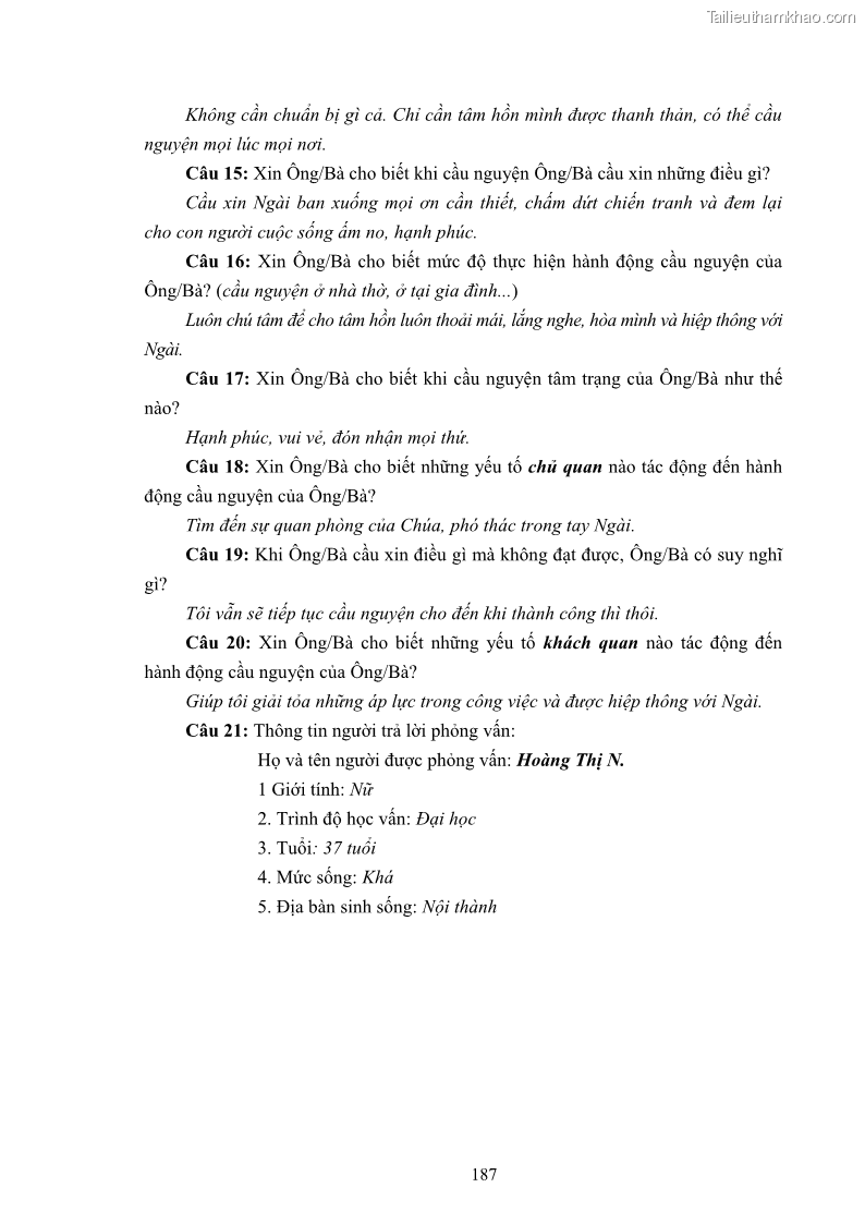 Luận án tiến sĩ tâm lý học Hành vi cầu nguyện của tín đồ đạo Công giáo - 33 Trang 193