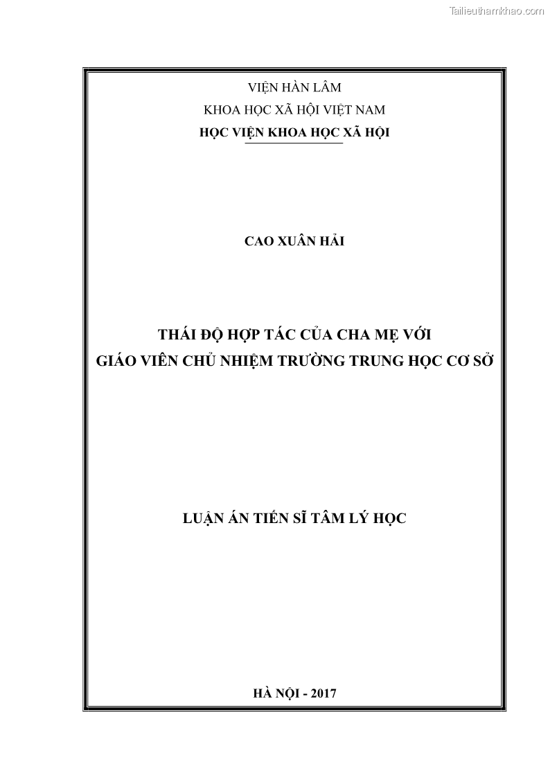 Luận án tiến sĩ tâm lý học Thái độ hợp tác của cha mẹ với giáo viên chủ nhiệm trường trung học cơ sở - 1 Trang 1