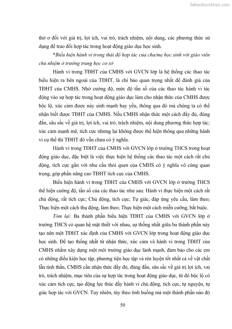 Luận án tiến sĩ tâm lý học Thái độ hợp tác của cha mẹ với giáo viên chủ nhiệm trường trung học cơ sở - 11 Trang 61