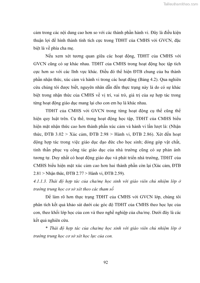Luận án tiến sĩ tâm lý học Thái độ hợp tác của cha mẹ với giáo viên chủ nhiệm trường trung học cơ sở - 18 Trang 103