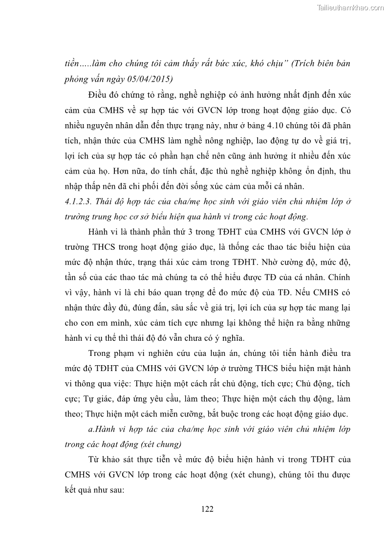 Luận án tiến sĩ tâm lý học Thái độ hợp tác của cha mẹ với giáo viên chủ nhiệm trường trung học cơ sở - 23 Trang 133