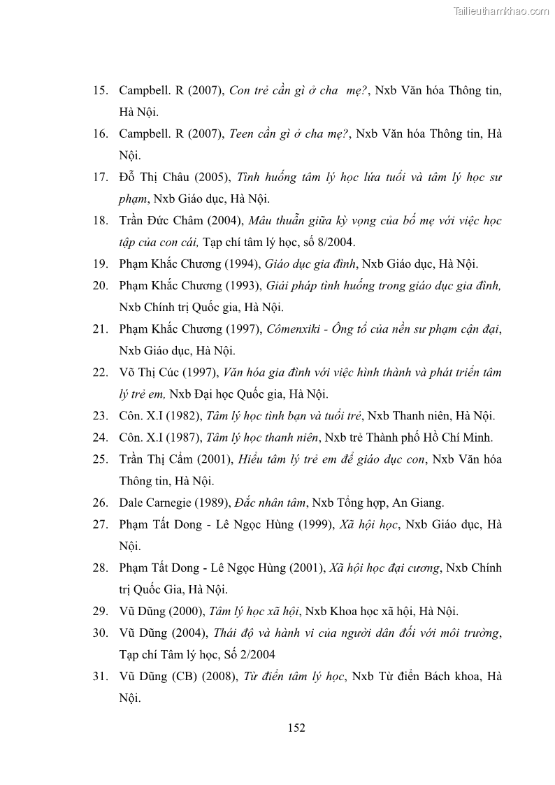 Luận án tiến sĩ tâm lý học Thái độ hợp tác của cha mẹ với giáo viên chủ nhiệm trường trung học cơ sở - 28 Trang 163