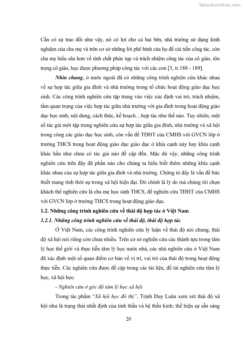Luận án tiến sĩ tâm lý học Thái độ hợp tác của cha mẹ với giáo viên chủ nhiệm trường trung học cơ sở - 6 Trang 31