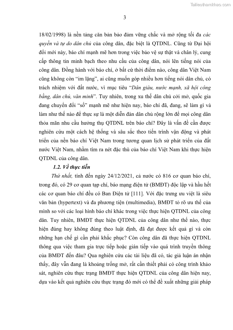 Luận án tiến sĩ báo chí học Báo mạng điện tử thực hiện quyền tự do ngôn luận của công dân Việt Nam hiện nay - 1 Trang 10