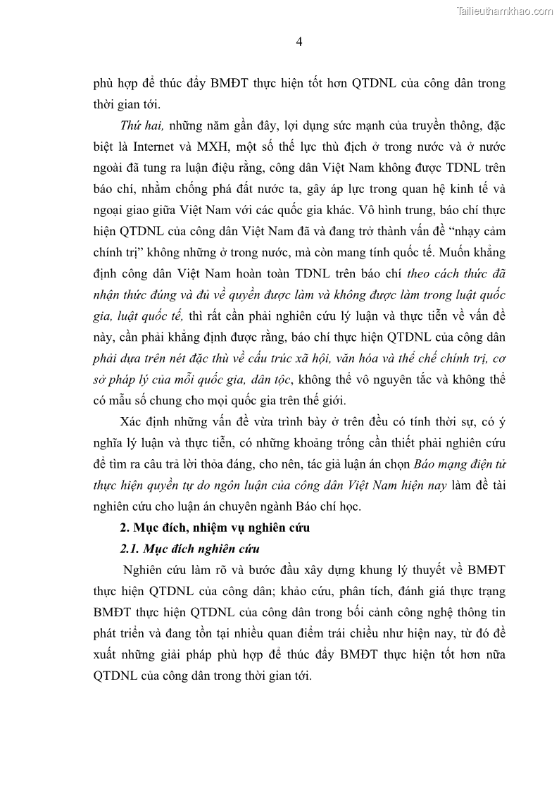 Luận án tiến sĩ báo chí học Báo mạng điện tử thực hiện quyền tự do ngôn luận của công dân Việt Nam hiện nay - 1 Trang 11