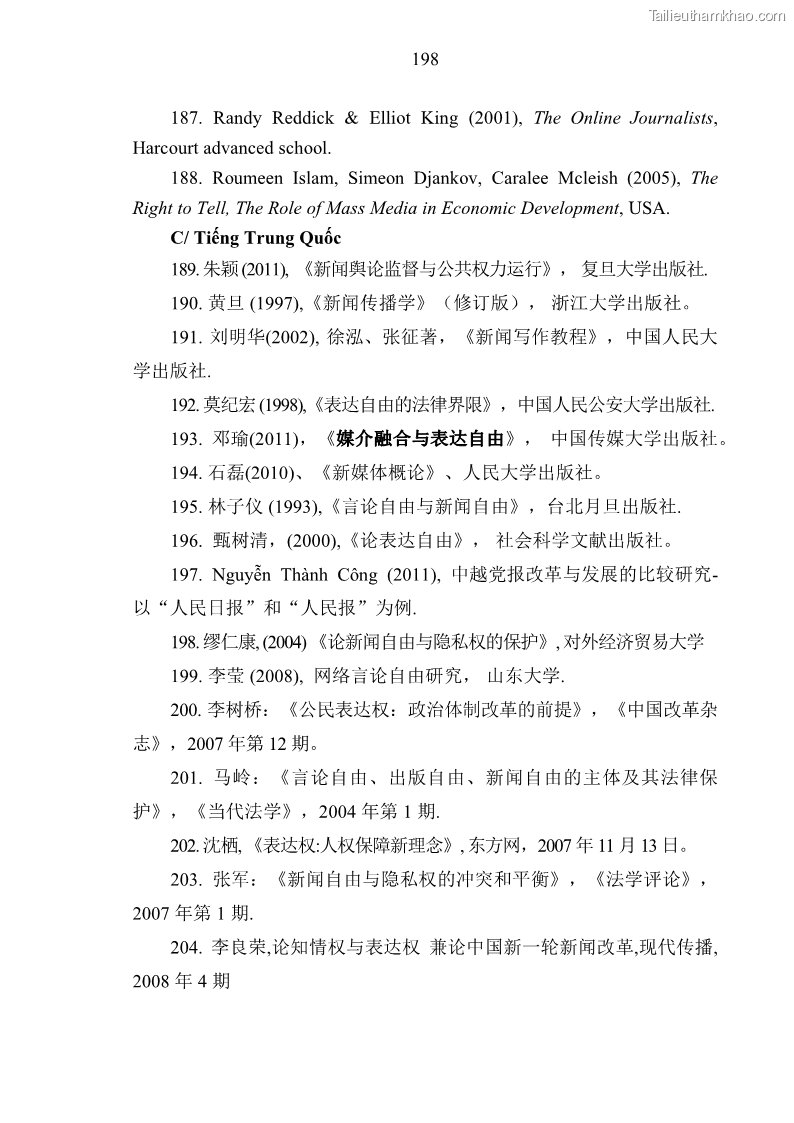 Luận án tiến sĩ báo chí học Báo mạng điện tử thực hiện quyền tự do ngôn luận của công dân Việt Nam hiện nay - 18 Trang 205