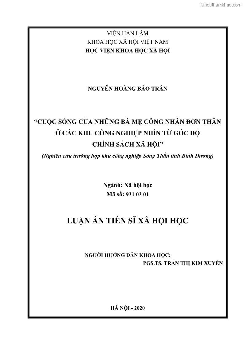 Luận án tiến sĩ tâm lý học Cuộc sống của những bà mẹ công nhân đơn thân ở các khu công nghiệp nhìn từ góc độ chính sách xã hội - 1 Trang 1