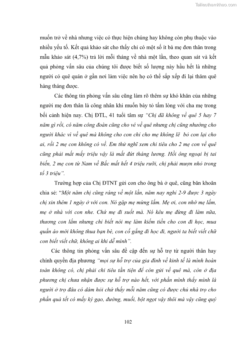 Luận án tiến sĩ tâm lý học Cuộc sống của những bà mẹ công nhân đơn thân ở các khu công nghiệp nhìn từ góc độ chính sách xã hội - 10 Trang 109