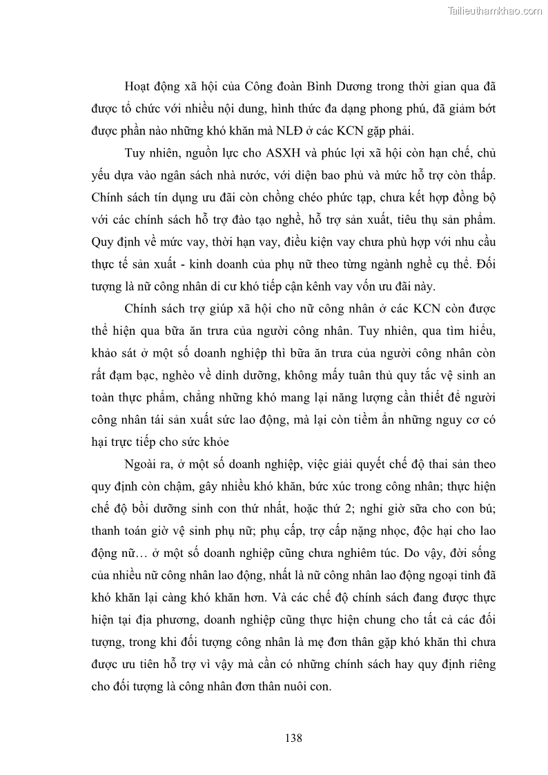 Luận án tiến sĩ tâm lý học Cuộc sống của những bà mẹ công nhân đơn thân ở các khu công nghiệp nhìn từ góc độ chính sách xã hội - 13 Trang 145