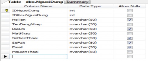Thông tin này sẽ được chứa trong một bảng duy nhất Bảng 3 6 Bảng NguoiDung 10