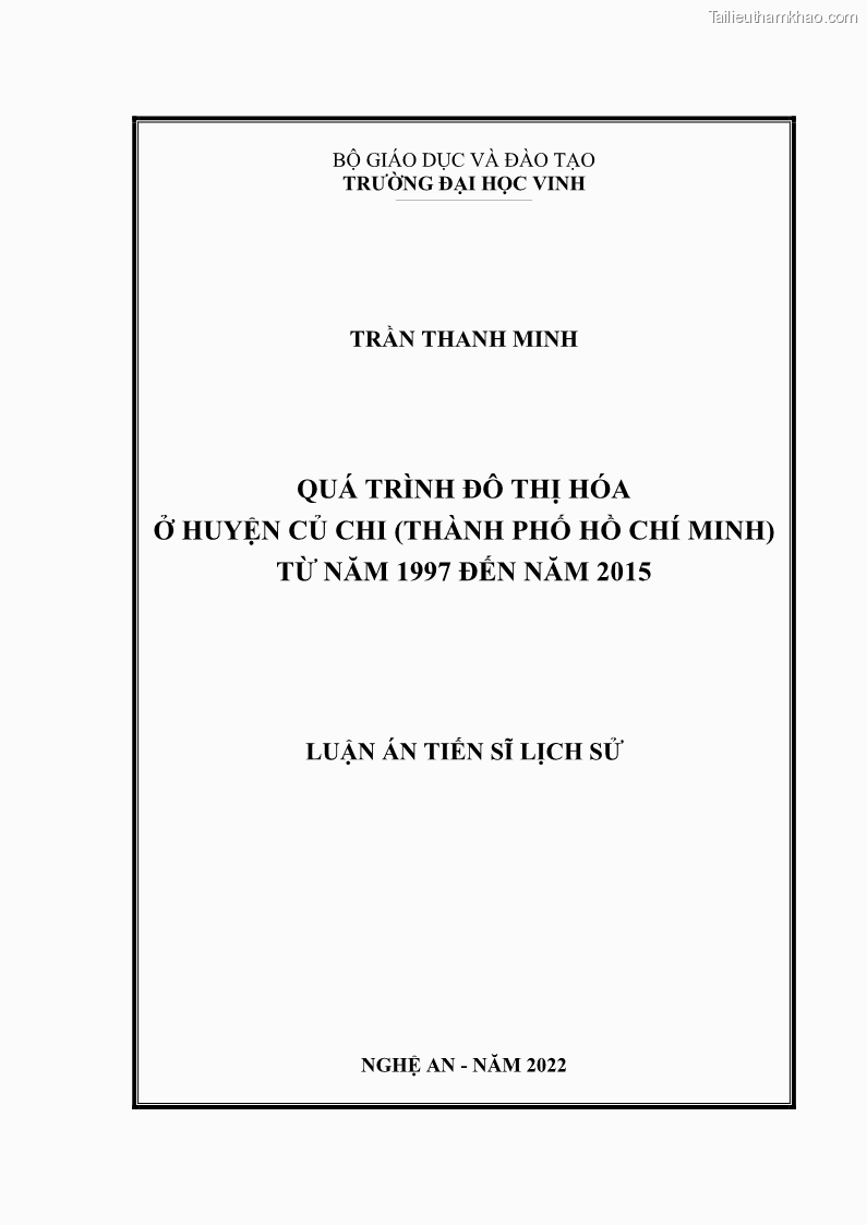 Luận án tiến sĩ lịch sử Quá trình đô thị hoá ở huyện Củ Chi Thành phố Hồ Chí Minh từ năm 1997 đến năm 2015 - 1 Trang 1