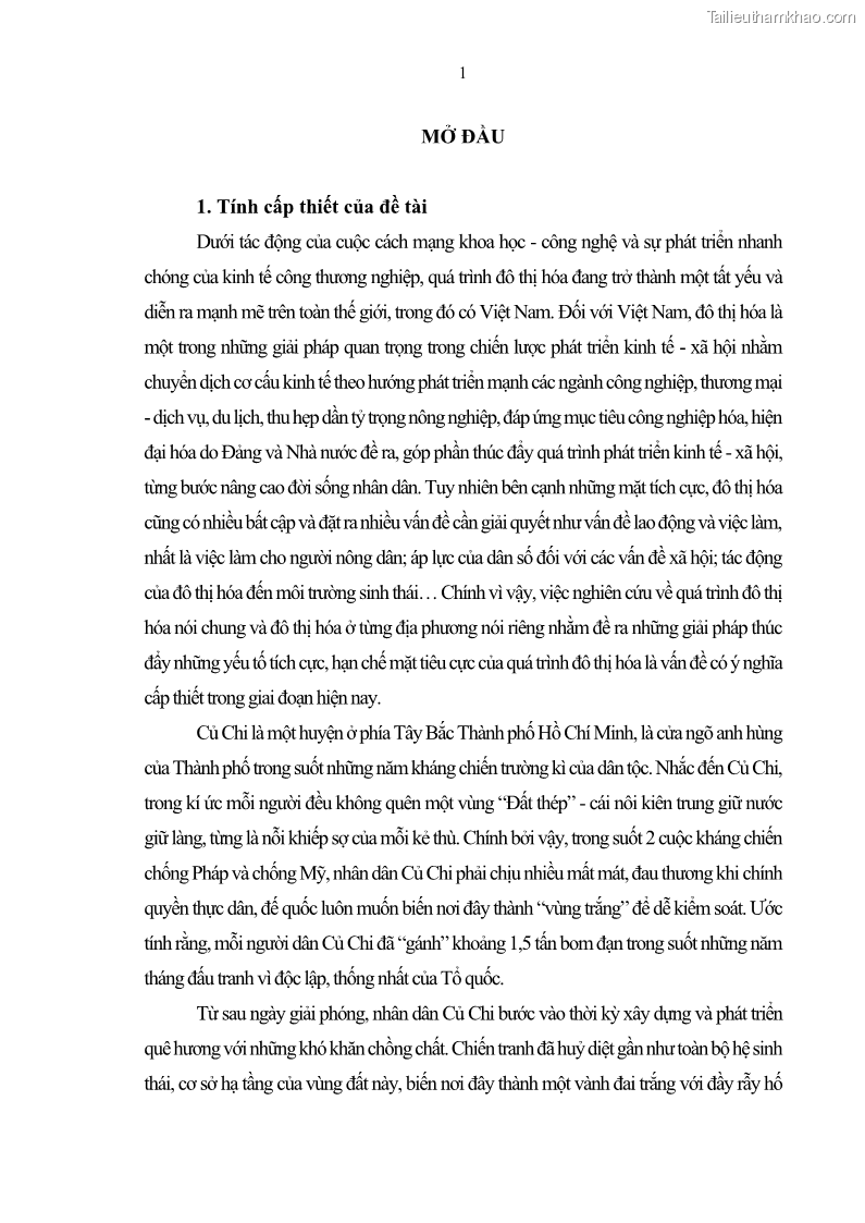 Luận án tiến sĩ lịch sử Quá trình đô thị hoá ở huyện Củ Chi Thành phố Hồ Chí Minh từ năm 1997 đến năm 2015 - 1 Trang 12