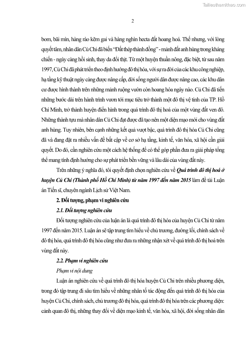 Luận án tiến sĩ lịch sử Quá trình đô thị hoá ở huyện Củ Chi Thành phố Hồ Chí Minh từ năm 1997 đến năm 2015 - 2 Trang 13