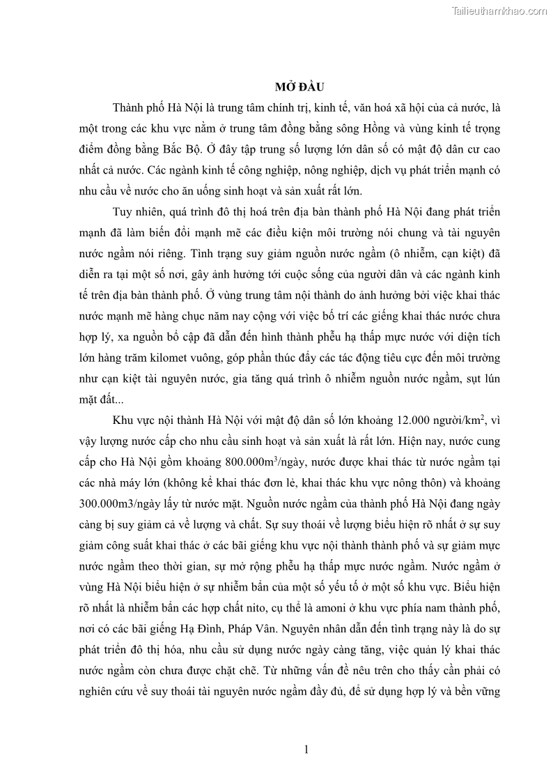 Luận văn thạc sĩ khoa học Đánh giá hiện trạng tài nguyên nước ngầm khu vực nội đô thành phố Hà Nội - 1 Trang 10