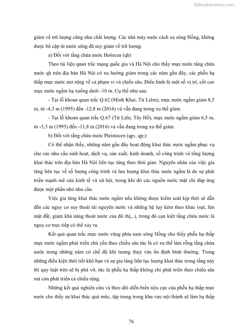 Luận văn thạc sĩ khoa học Đánh giá hiện trạng tài nguyên nước ngầm khu vực nội đô thành phố Hà Nội - 8 Trang 85