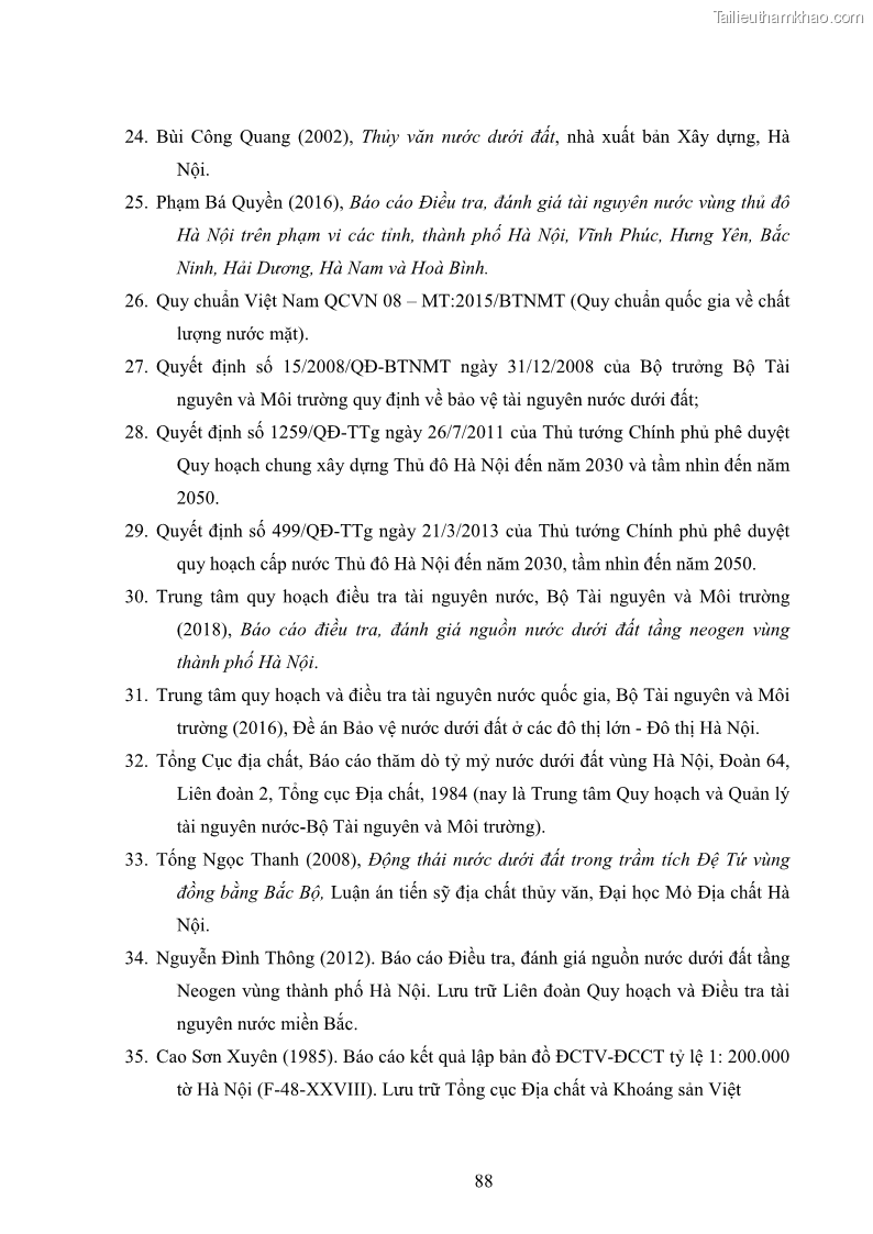 Luận văn thạc sĩ khoa học Đánh giá hiện trạng tài nguyên nước ngầm khu vực nội đô thành phố Hà Nội - 9 Trang 97
