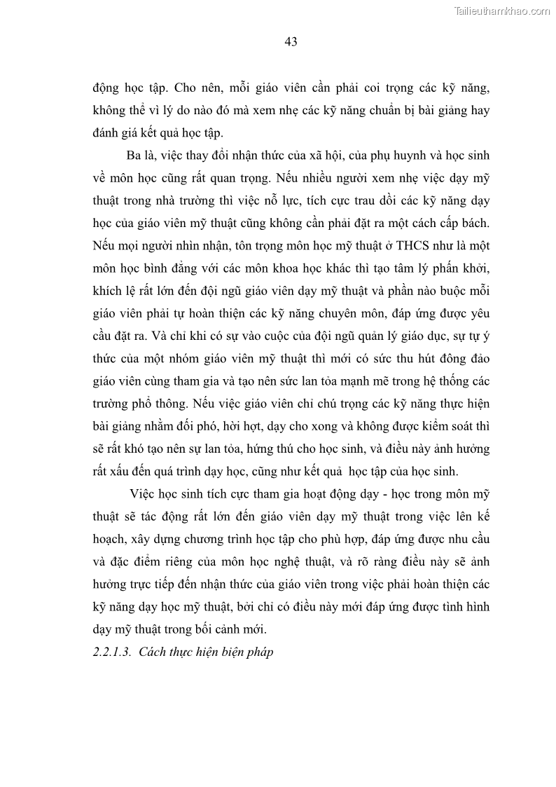Luận văn thạc sĩ khoa học giáo dục Phát triển kỹ năng dạy học môn Mỹ thuật của giáo viên trường Trung học cơ sở quận Hai Bà Trưng, Hà Nội - 5 Trang 49