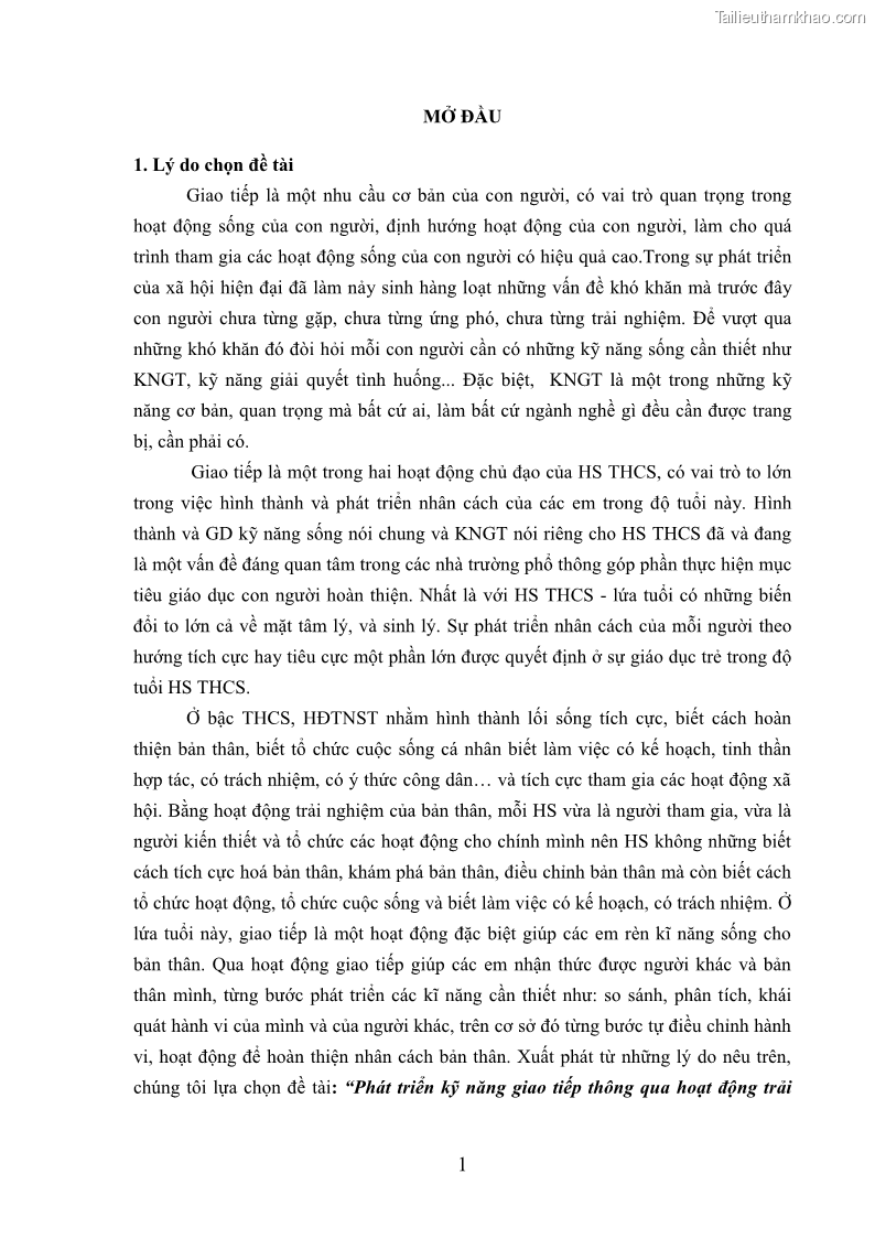 Luận văn thạc sĩ khoa học giáo dục Phát triển kỹ năng giao tiếp thông qua hoạt động trải nghiệm sáng tạo cho học sinh trung học cơ sở thành phố Bắc Kạn - 1 Trang 11