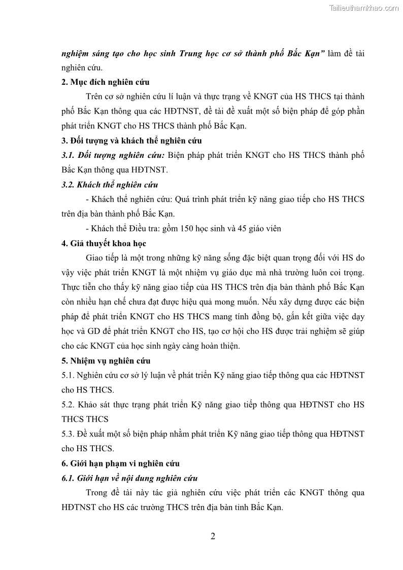 Luận văn thạc sĩ khoa học giáo dục Phát triển kỹ năng giao tiếp thông qua hoạt động trải nghiệm sáng tạo cho học sinh trung học cơ sở thành phố Bắc Kạn - 1 Trang 12