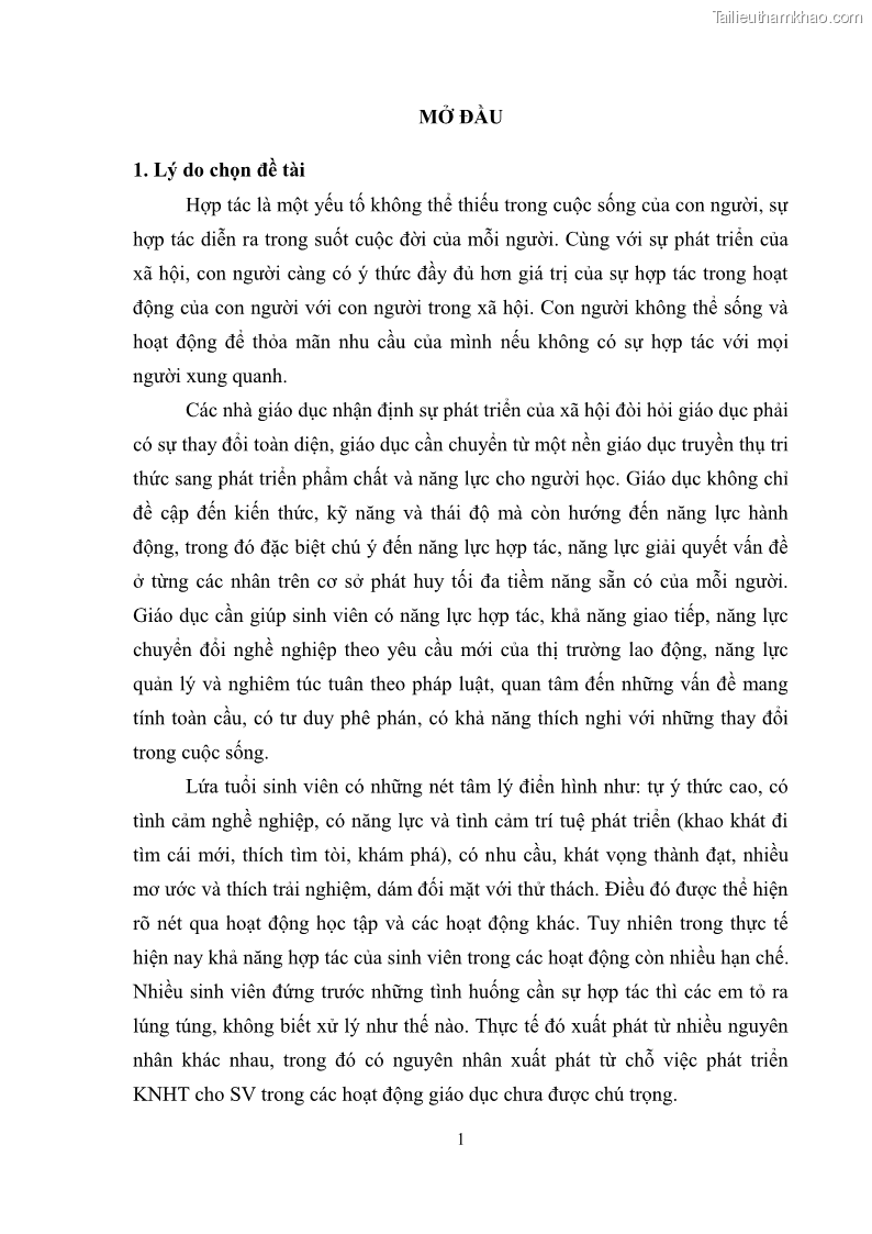 Luận văn thạc sĩ khoa học giáo dục Phát triển kỹ năng hợp tác cho Sinh viên trường CĐSP Cao Bằng thông qua hoạt động giáo dục ngoài giờ lên lớp - 1 Trang 11