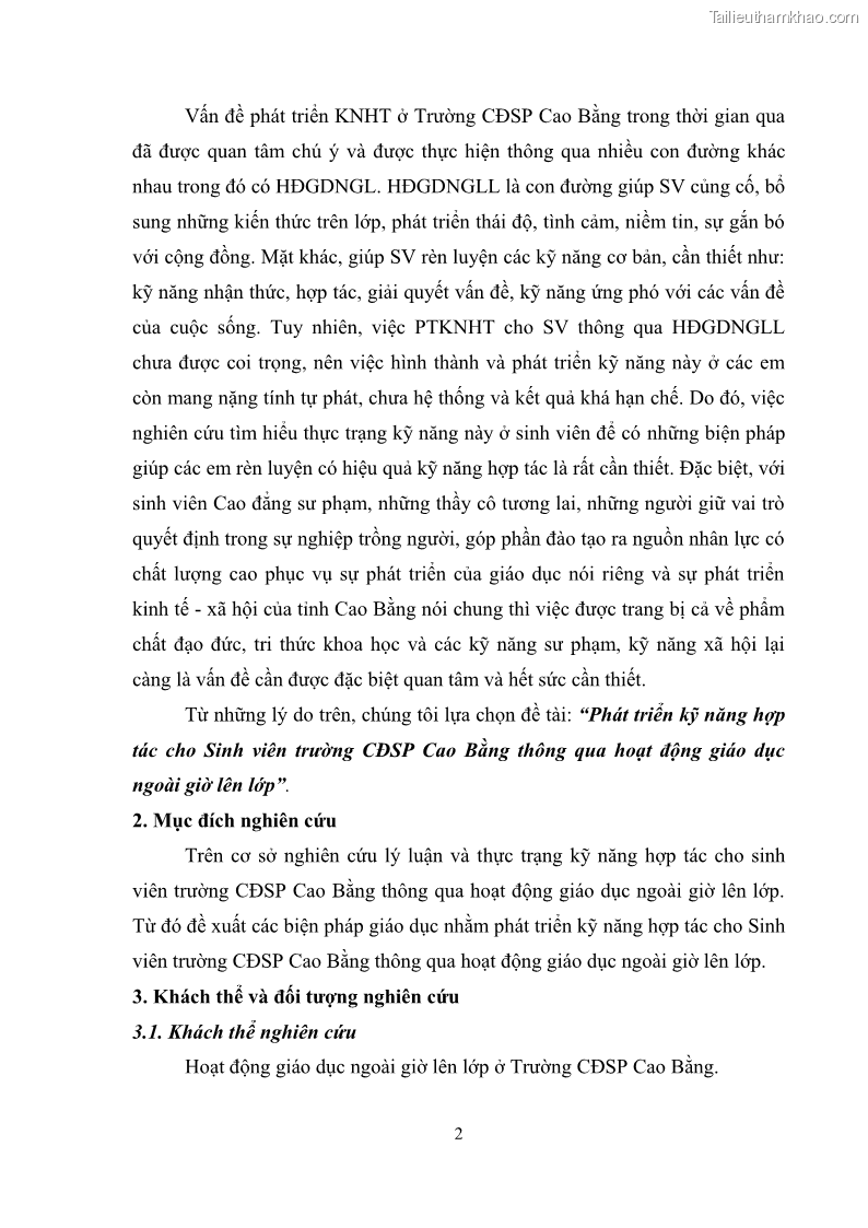 Luận văn thạc sĩ khoa học giáo dục Phát triển kỹ năng hợp tác cho Sinh viên trường CĐSP Cao Bằng thông qua hoạt động giáo dục ngoài giờ lên lớp - 1 Trang 12