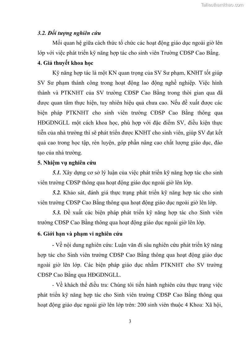 Luận văn thạc sĩ khoa học giáo dục Phát triển kỹ năng hợp tác cho Sinh viên trường CĐSP Cao Bằng thông qua hoạt động giáo dục ngoài giờ lên lớp - 2 Trang 13