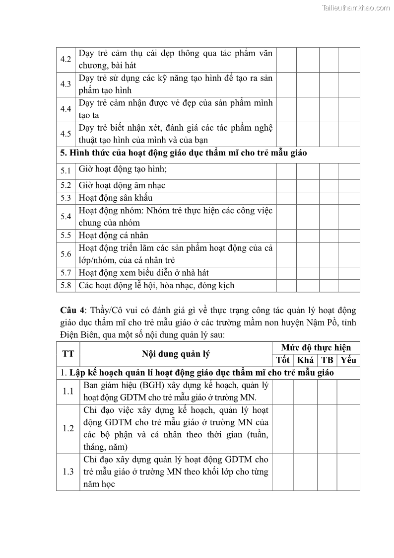 Luận văn thạc sĩ khoa học giáo dục Quản lí hoạt động giáo dục thẩm mỹ cho trẻ mẫu giáo ở các trường mầm non huyện Nậm Pồ, tỉnh Điện Biên - 10 Trang 109
