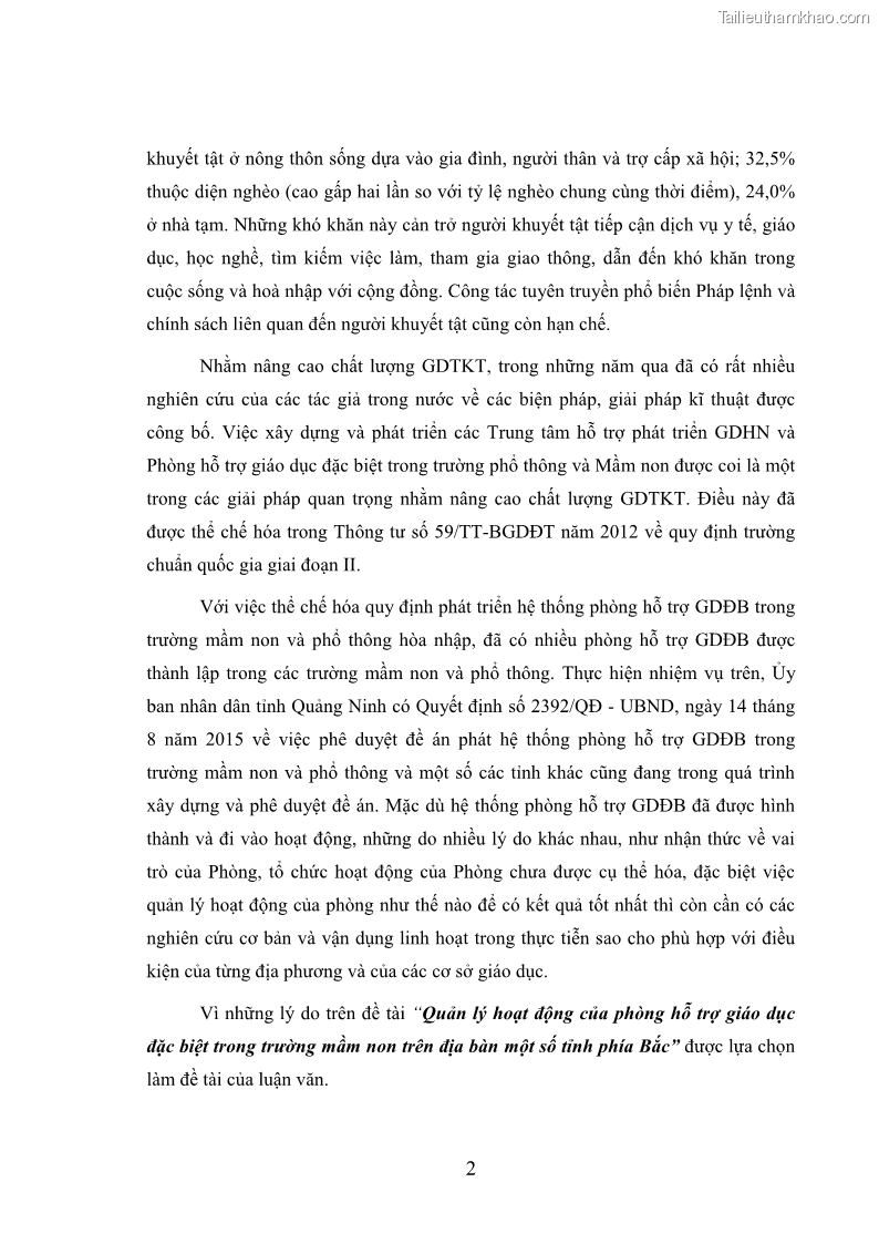Luận văn thạc sĩ khoa học giáo dục Quản lý hoạt động của phòng hỗ trợ giáo dục đặc biệt trong trường mầm non trên địa bàn một số tỉnh phía Bắc - 1 Trang 10