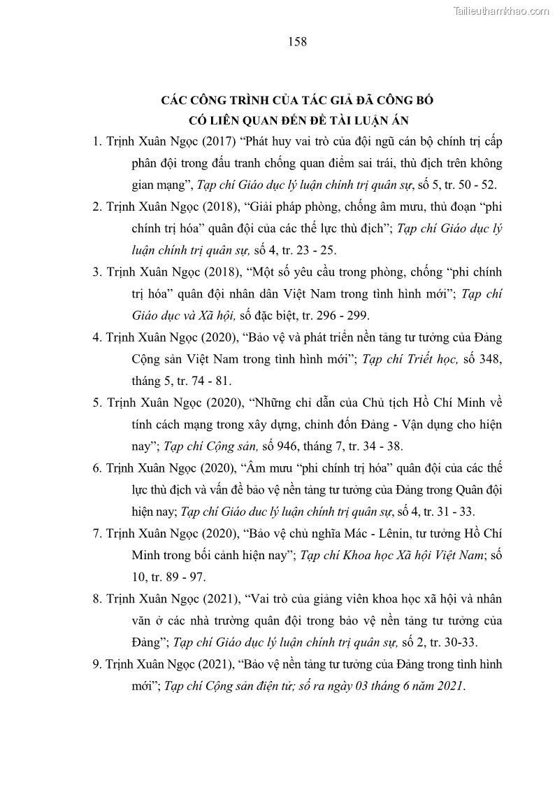 Luận án tiến sĩ Phát huy vai trò của giảng viên khoa học xã hội và nhân văn ở các học viện, trường sĩ quan quân đội trong bảo vệ nền tảng tư tưởng của Đảng hiện nay - 14 Trang 157