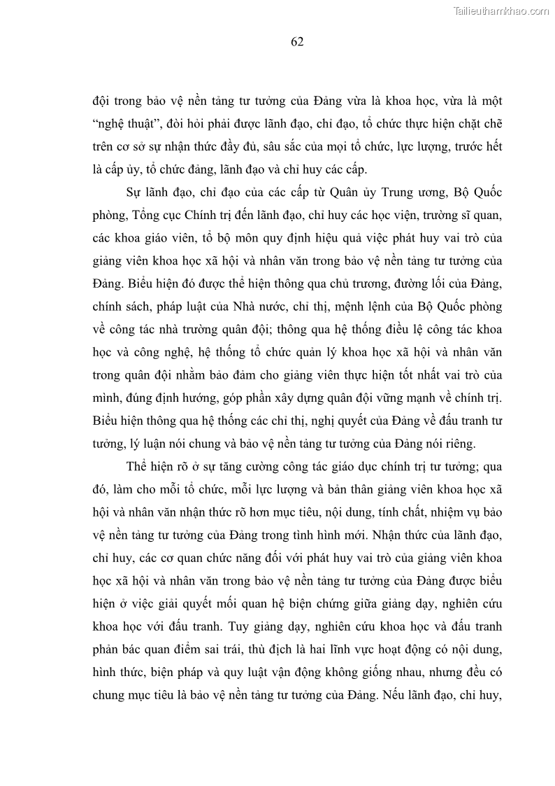 Luận án tiến sĩ Phát huy vai trò của giảng viên khoa học xã hội và nhân văn ở các học viện, trường sĩ quan quân đội trong bảo vệ nền tảng tư tưởng của Đảng hiện nay - 6 Trang 61