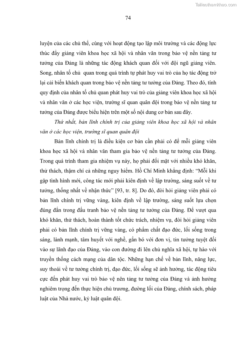 Luận án tiến sĩ Phát huy vai trò của giảng viên khoa học xã hội và nhân văn ở các học viện, trường sĩ quan quân đội trong bảo vệ nền tảng tư tưởng của Đảng hiện nay - 7 Trang 73