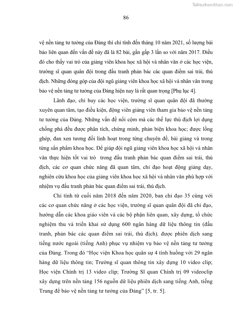Luận án tiến sĩ Phát huy vai trò của giảng viên khoa học xã hội và nhân văn ở các học viện, trường sĩ quan quân đội trong bảo vệ nền tảng tư tưởng của Đảng hiện nay - 8 Trang 85