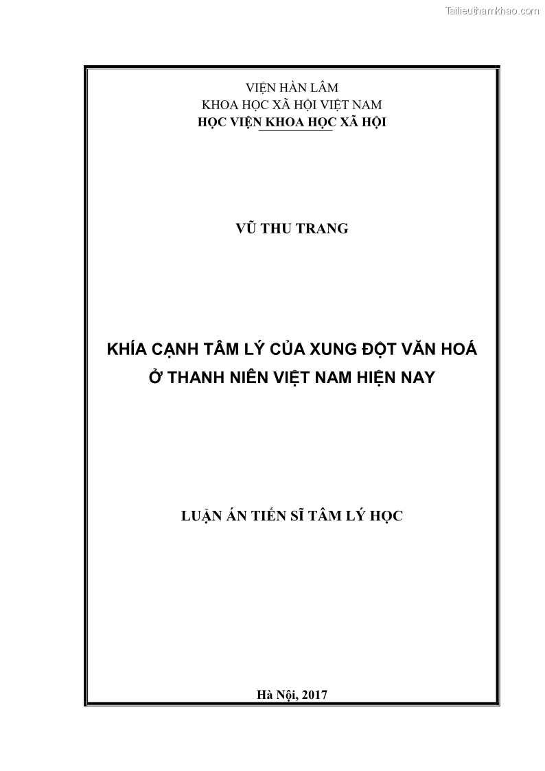 Luận án tiến sĩ tâm lý học Khía cạnh tâm lý của xung đột văn hoá ở thanh niên Việt Nam hiện nay - 1 Trang 1
