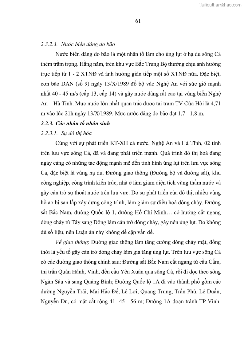 Luận án tiến sĩ thủy văn học Phân tích, đánh giá vai trò của một số nhân tố chính đối với úng lụt vùng hạ lưu lưu vực Sông Cả - 7 Trang 73